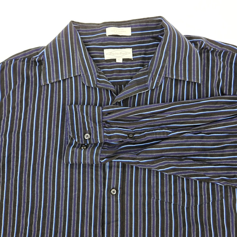 Eighty Eight Vintage Y2K Blue Black Stripe 100% Cotton Shirt XL EUC Cyber-Grunge